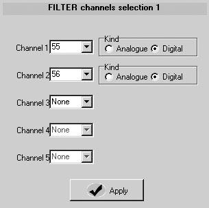 4.3 Konfiguration av kanalfilter Det finns möjlighet att välja upp till 5 kanaler per filter. Välj för varje kanal om den är analog eller digital.