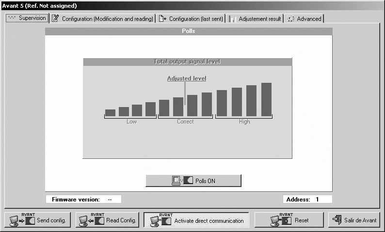 Reset ** = Används efter att ( Send config ) har skickats till Avanten. Används om Avanten behöver återkalibreras p.g.a. signalförändringar. Salir de Avant = Avslutar pågående Avant-session.