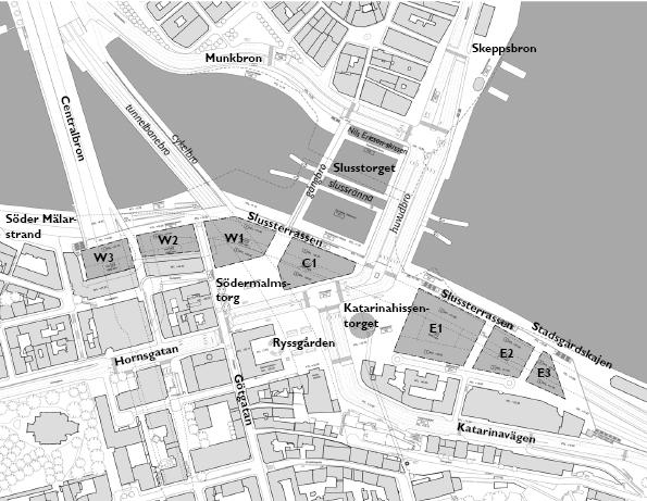 11 (33) Situationsplan planförslag. Ny bebyggelse redovisas i mörkare grå nyans. Den streckade linjen visar befintliga kaj- och brolinjer. Bild: Foster+Partners och Berg Arkitektkontor.