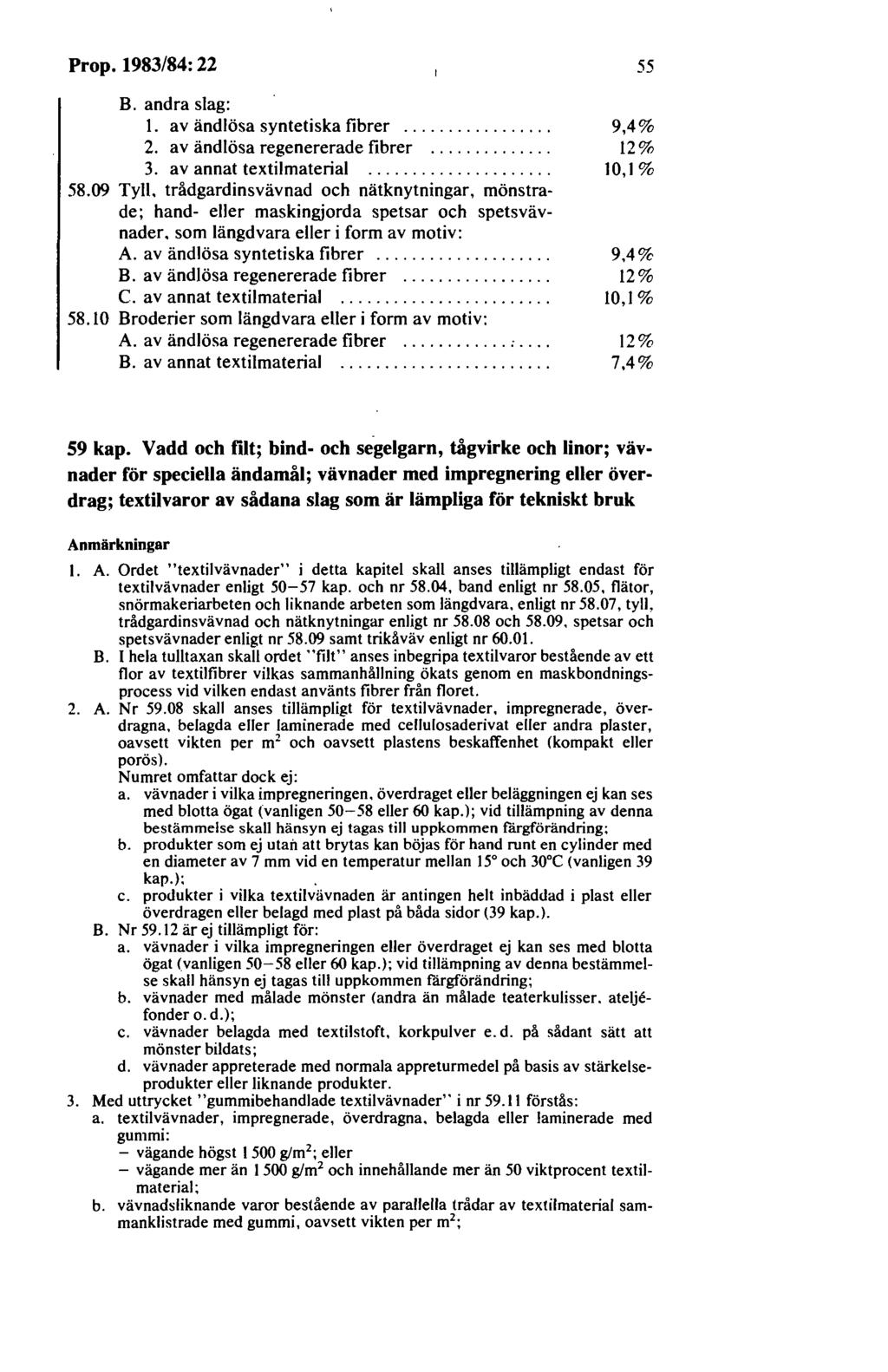 Prop. 1983/84: 22 B. andra slag: 1. av ändlösa syntetiska fibrer.... 2. av ändlösa regenererade fibrer.... 3. av annat textilmaterial.... 58.