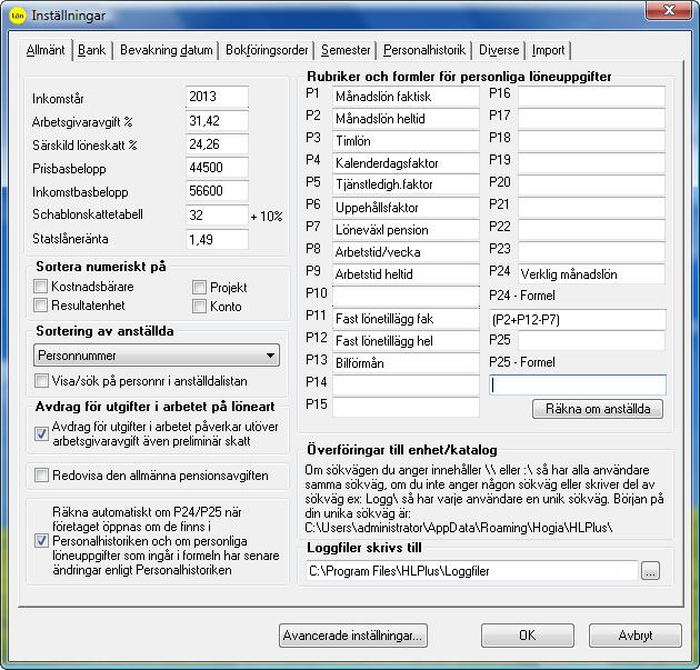 Gå in under Arkiv Inställningar och klicka på fliken Personalhistorik. Kontrollera om fältet Personligt_lönefalt_24 finns i den vänstra rutan som i exemplet här intill.