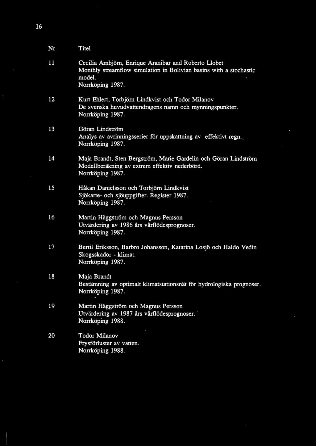 16 Nr Titel 11 Cecilia Ambjörn, Enrique Aranibar and Roberto Uobet Monthly streamflow simulation in Bolivian basins with a stochastic model. Norrköping 1987.