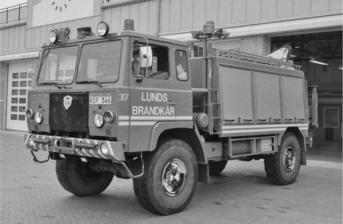KOP346 Räddningsbil Scania SBA111-80. Förvärvad 1981 och placerades på stn Lund vid Kävlingevägen som bil 307.