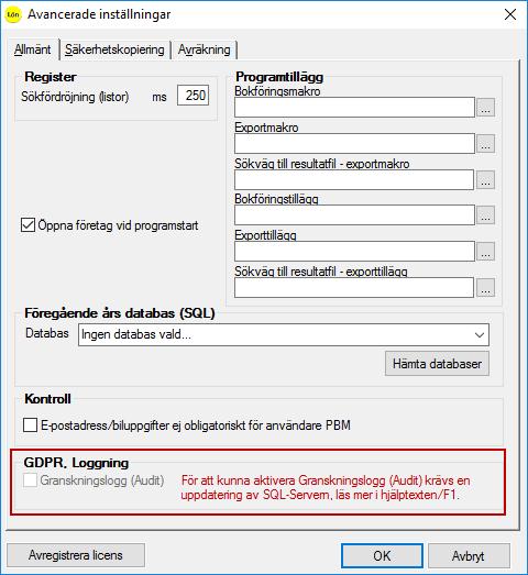 Aveny Hogia PA Nyhetsbrev 7/2018 Sid: 11 För att kunna aktivera Granskningslogg (Audit) kan en uppdatering av SQL-servern krävas, programmet visar i så fall en informationstext om detta.