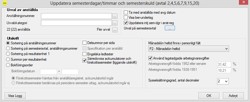 3 Möjlighet att köra funktionen Uppdatera semesterdagar/timmar för flera avtal samtidigt Även formuläret för Uppdatera semesterdagar/timmar har fått ett nytt utseende med anledning av att det går att