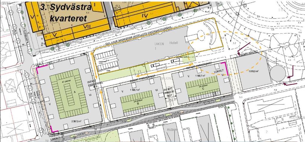 LUFTUTREDNING FÖR ÅBYBERGSGATAN, MÖLNDALS INNERSTAD 11 Figur 2. Skiss över kommande bebyggelse inom kvarteret norr om Åbybergsgatan (Liljewall Arkitekter), avgränsat med röda linjer. 3.