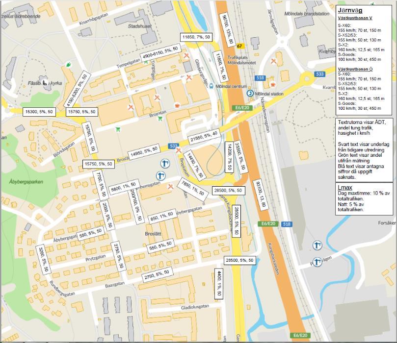 12 LUFTUTREDNING FÖR ÅBYBERGSGATAN, MÖLNDALS INNERSTAD Figur 4. Trafikunderlag för framtida trafik år 2030. Tung trafik 5 % på kommunala vägar, 13 % på E6 2040.