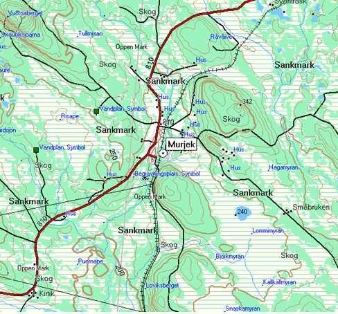 Figur 4. Karta som visar bedömda sprickzoner över Murjek vattentäkt och dess omgivningar. Lila inritade streck visar sprickzoner (Utdrag ur Friluftskartan).