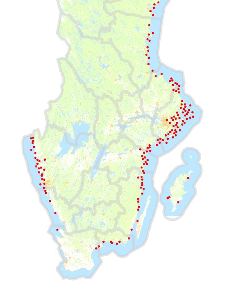 Figur 1. Geografisk utbredning av de 200 inventeringsytor som ingår i den nationella övervakningen av häckande kustfåglar.