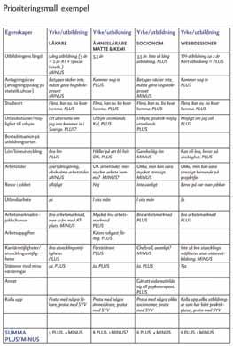 Steg 3 Prioritera och välj Sammanfatta med plus och minus Om du har hittat flera yrken/utbildningar som verkar intressanta är det dags att välja bort, att prioritera genom att se på för- och