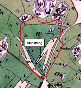 Odlingsspår i Munkedal Figur 4. Utdrag ur 1815 års storskifte på Möe, av inägor och torp (LMVA N2341:1). Stensträng A229 är markerad på kartan.