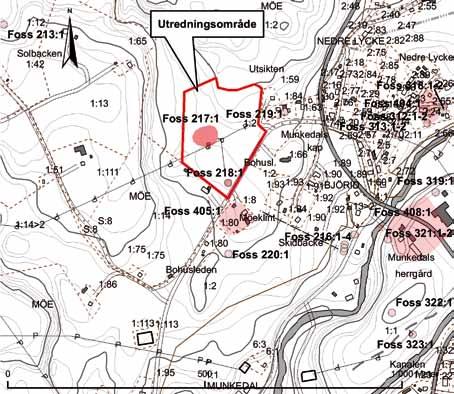 Odlingsspår i Munkedal 7 Figur 3. Översikt över undersökningsområdet med fornlämningarna markerade. skala 1:10 000. Godkänd ur sekretessynpunkt för spridning. Lantmäteriverket 2008-02-11.