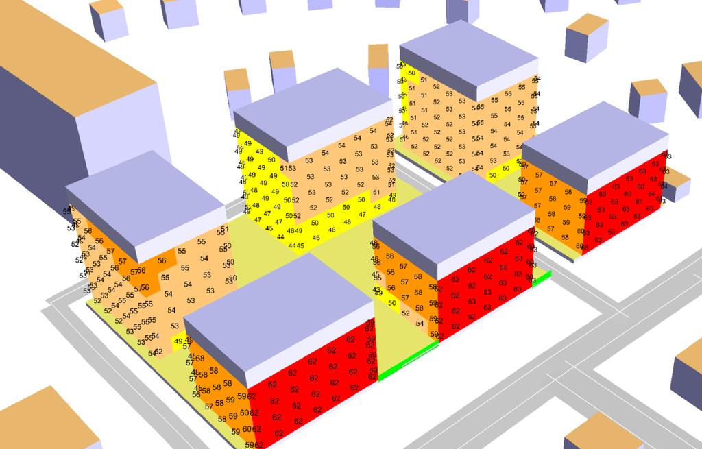 6.1 Ekvivalent ljudnivå Vid värst utsatta fasad mot Åkeshovsvägen fås ekvivalenta ljudnivåer upp mot 64 dba från vägtrafik, se figur 1. Figur 1.