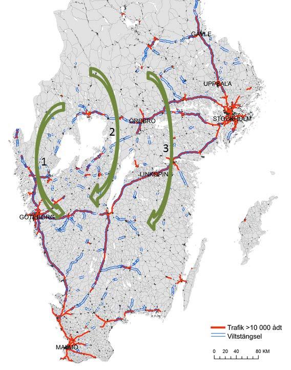 Förutom att sträckan går igenom ett varierande landskap så korsar sträckan två av de tre storskaliga gröna korridorer som finns mellan mellersta och södra Sverige (figur 3).