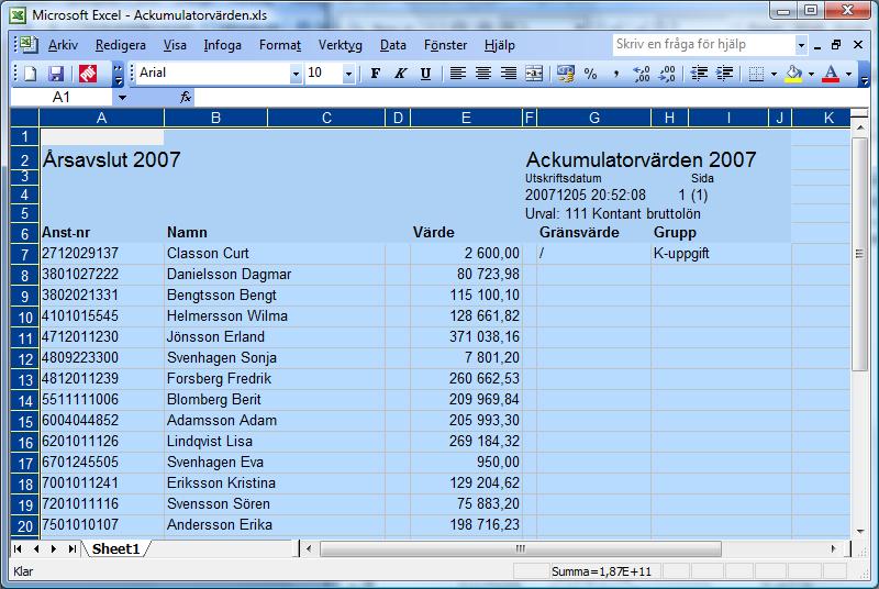 Aveny Hogia PA Nyhetsbrev 3/2008 Sid: 4 När rapporten finns i Excel så sortera den först på anställningsnummer/personnummer och ta bort alla anställda som är över 65 år.