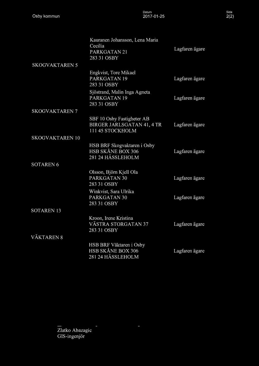 Datum Osby kommun 2017-01-25 Sida 2(2) SKOGV AKTAREN 5 SKOGV AKTAREN 7 SKOGV AKT AREN l O SOTAREN 6 SOTAREN 13 VÄKTAREN 8 Kauranen Johansson, Lena Maria Cecilia PARKGATAN 21 283 31 OSBY Engkvist,