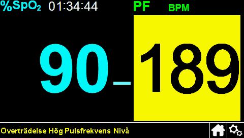 Om ett pulsfrekvenslarm inträffar Om en hög eller låg pulsfrekvens förekommer ser du en gul bakgrund på pulsfrekvensmätningen och ett meddelande visas längst