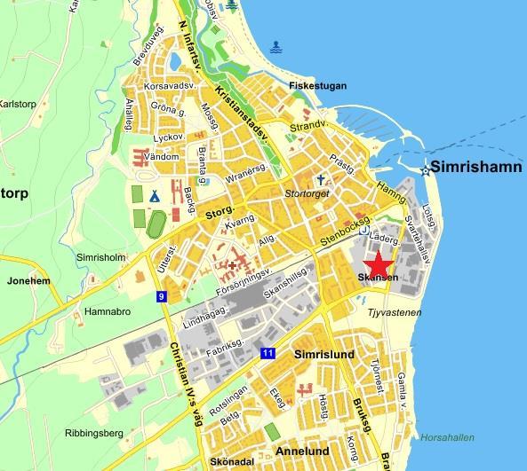 Figur 1. Skåne med platsen för Simrishamn i sydöstra Skåne markerad med en röd prick. Figur 2.