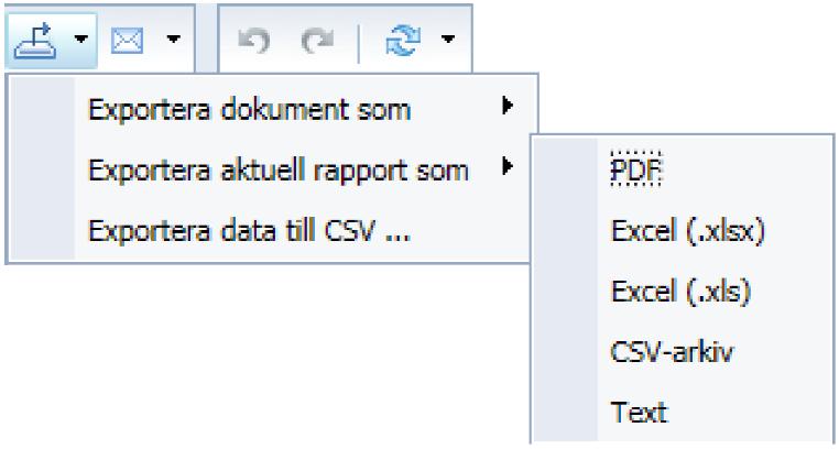 Utskrift av rapport Det finns olika format att exportera till från Business Objects. På övre delen av skärmen finns en exportknapp. Klicka på exportknappen för att exportera/spara till nedan format.