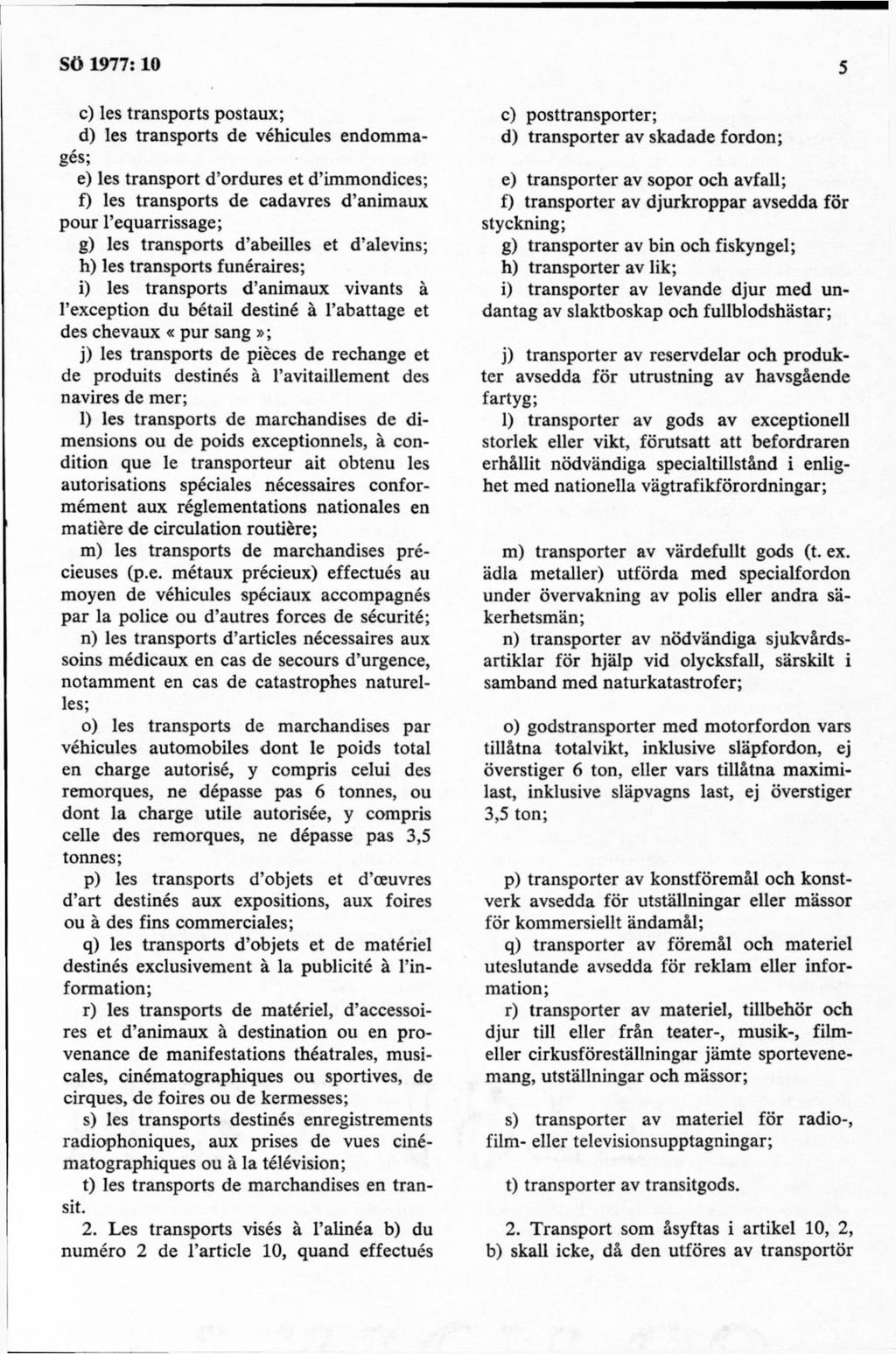 c) les transports postaux; d) les transports de véhicules endommagés; e) les transport d ordures et d immondices; f) les transports de cadavres d animaux pour 1 equarrissage; g) les transports d