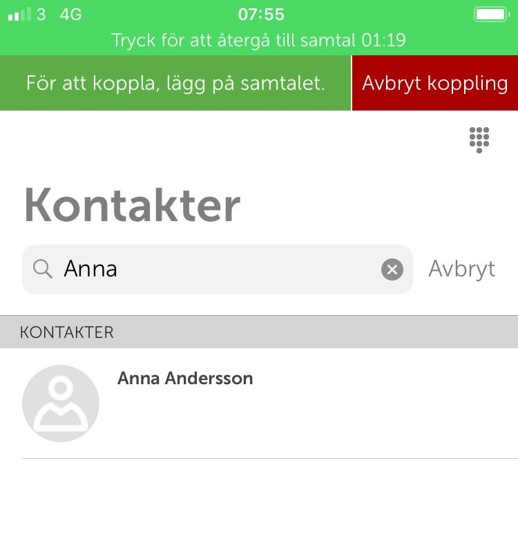 Koppla samtal till mobilkontakt Du kan även koppla samtal till de kontakter som bara finns i mobilens kontaktlista. 1 2 3 1 Svara på ett inkommande samtal och växla till appen.