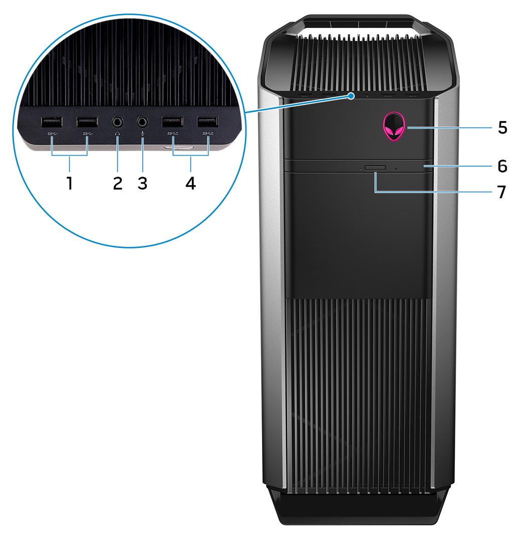 Vyer Framsida 1. USB 3.1-portar Gen 1 (2) Anslut kringutrustning såsom lagringsenheter och skrivare. Ger dataöverföringshastigheter på upp till 5 Gbit/s. 2.