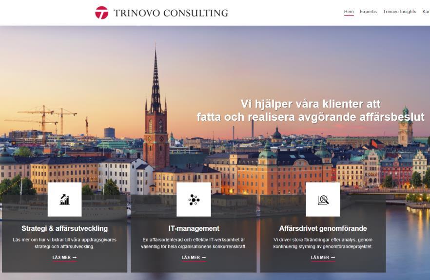 Kort om Trinovo Consulting Management/ strategikonsultbolag som startade 1985 Tre huvudsakliga affärsområden: Strategi och affärsutveckling IT-management Affärsdrivet