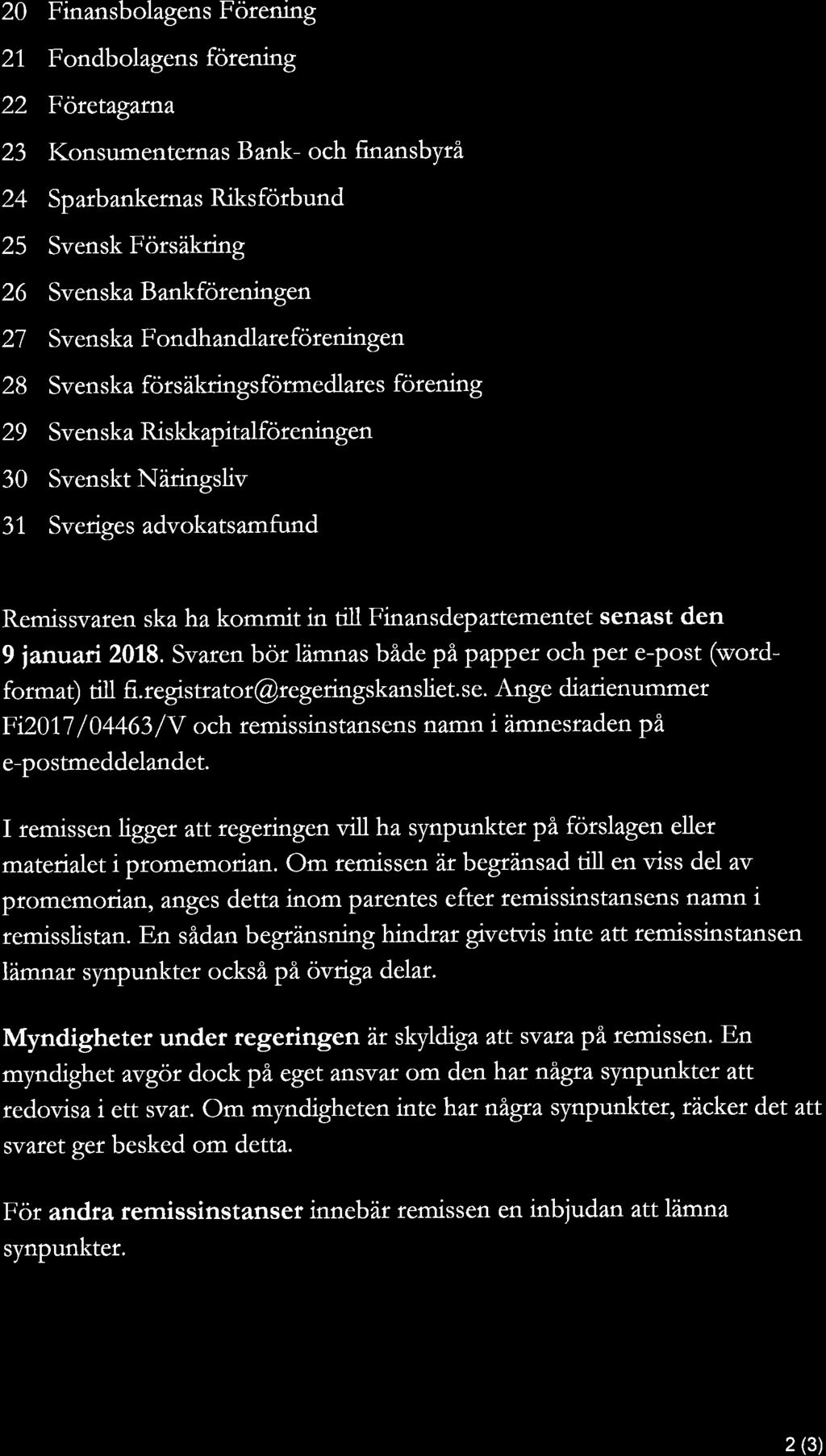 20 Finansbolagens Förening 21 Fondbolagens förening 22 Företagarna 23 Konsumenternas Bank och finansbyrå 24 Sparbankernas Riksförbund 25 Svensk Försäkring 26 Svenska Bankföreningen 27 Svenska