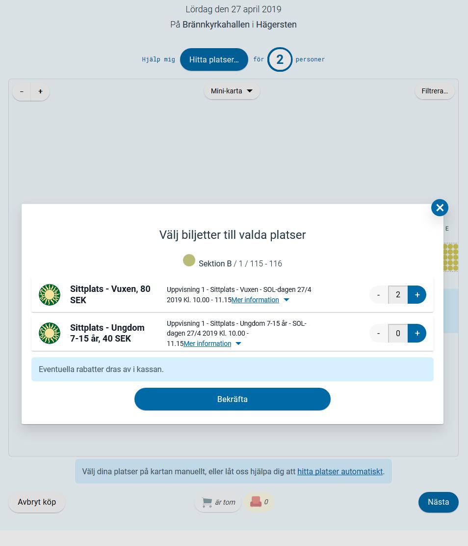Där går det att välja vilka av de lediga platserna som ni vill köpa. Upptagna platser är gråmarkerade.