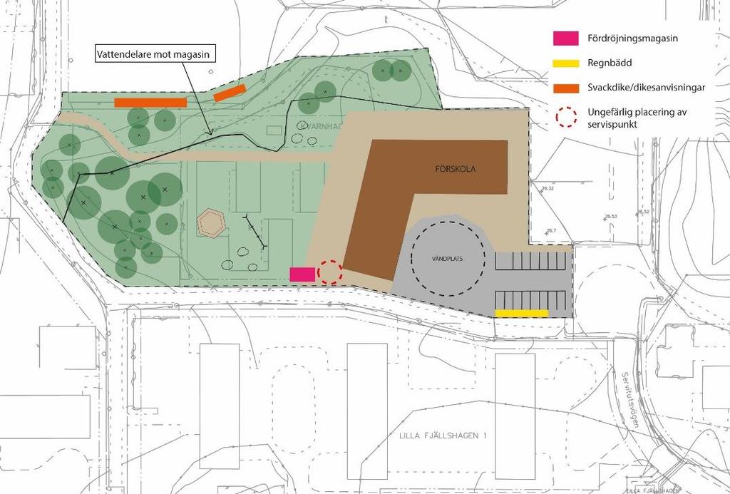 17 [23] Föreslagna placeringar till lösningar för omhändertagande av dagvatten som beskrivs ovan (fördröjningsmagasin, dikesanvisningar/svackdiken och regnbädd/grönyta) visas i figur 5.