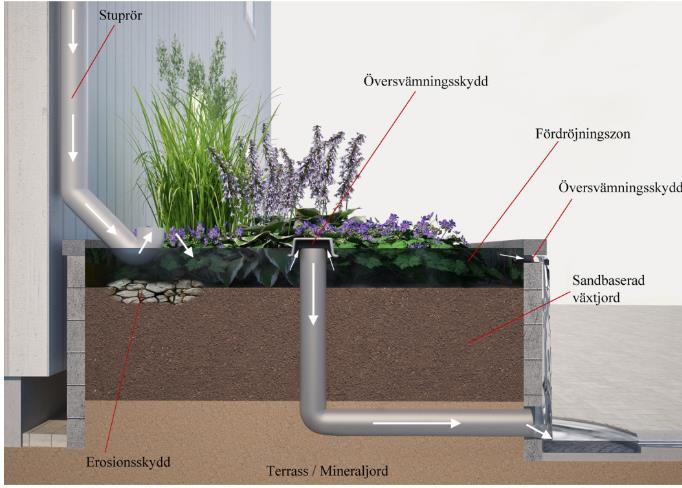 Sida 14 (19) För de takytor som inte lutar mot kvarterens innergård kan dagvatten tas omhand via upphöjda regnträdgårdar på förgårdsmark, se typsektion i Bild 6.