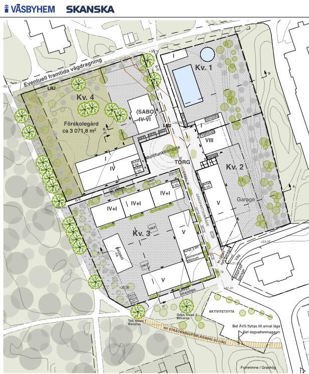 Sida 9 (19) 3 Planerad bebyggelse På området planeras två nya bostadsgårdar (kv 2 och 3) samt en ny kombinerad bostadsgård och förskolegård (kv 4). Det befintliga Hasselbadet (kv 1) ska rustas upp.