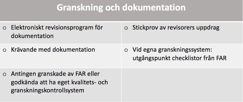 att tackla detta till revisionsnätverket. Om nätverket har synpunkter på arbetet ställer de då frågor och gör uppföljningar likt FAR.