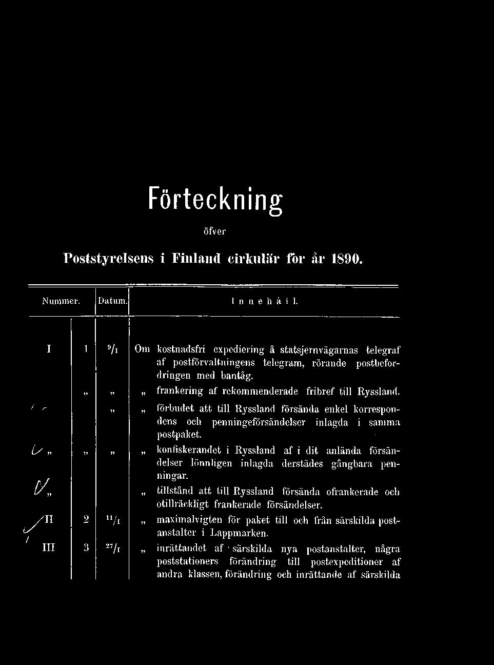 Förteckning öfver Poststyrelsens i Finland cirkulär for år 1890. Nummer. Datum. Innehåll.