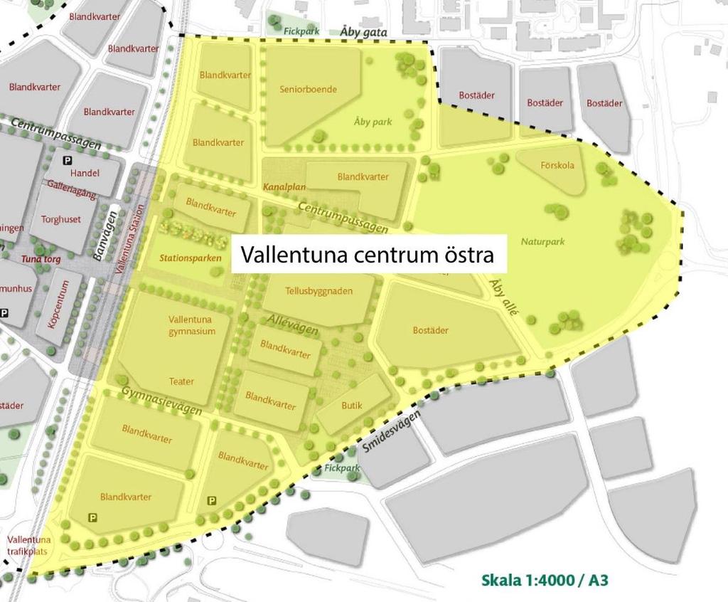 4.2.1 Vallentuna centrum östra Området öster om Vallentuna station avses kompletteras och utvecklas med centrumverksamhet, parkeringsgarage och bostäder (flerbostadshus).