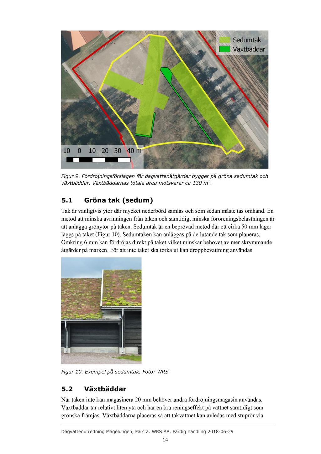 Figur 9. Fördröjningsförslagen för dagvattenåtgärder bygger på gr öna sedum tak och växtbäddar. Växtbäddarnas totala area motsvarar ca 130 m 2. 5.