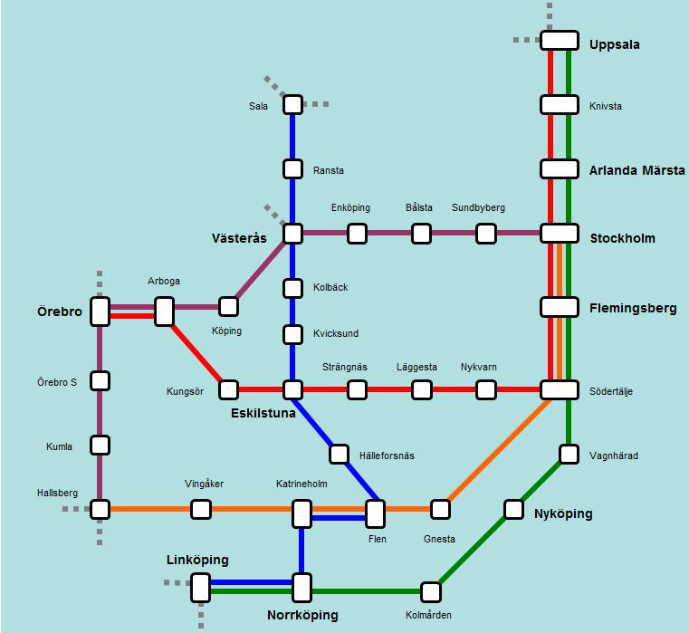 Figur 7. Exempel på linjer med regionaltåg inom TiM-området i ett möjligt storregionalt stomnät.