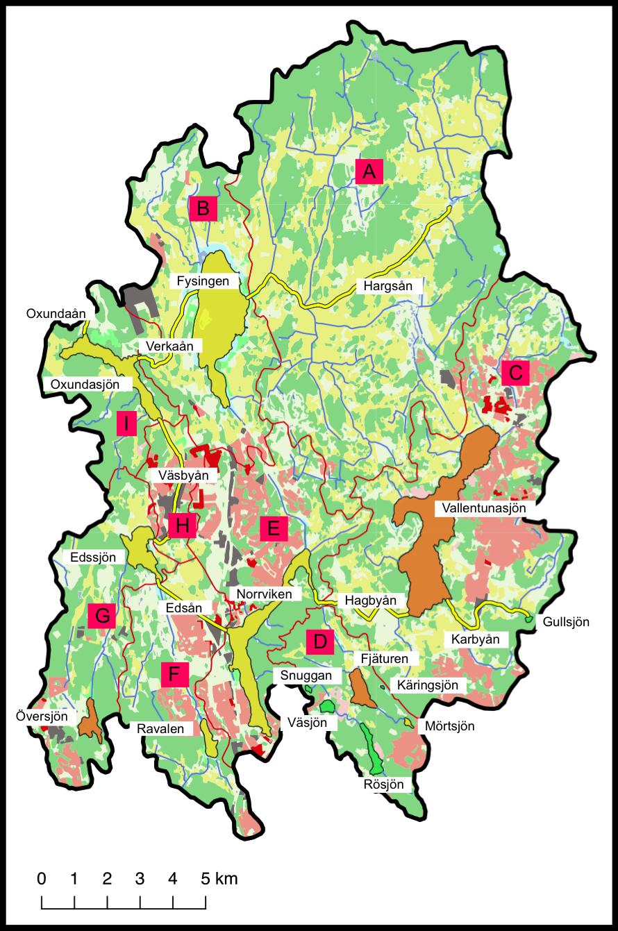 Figur 80. Oxundaåns avrinningsområde, ekologisk status sjöar och vattendrag 2017.
