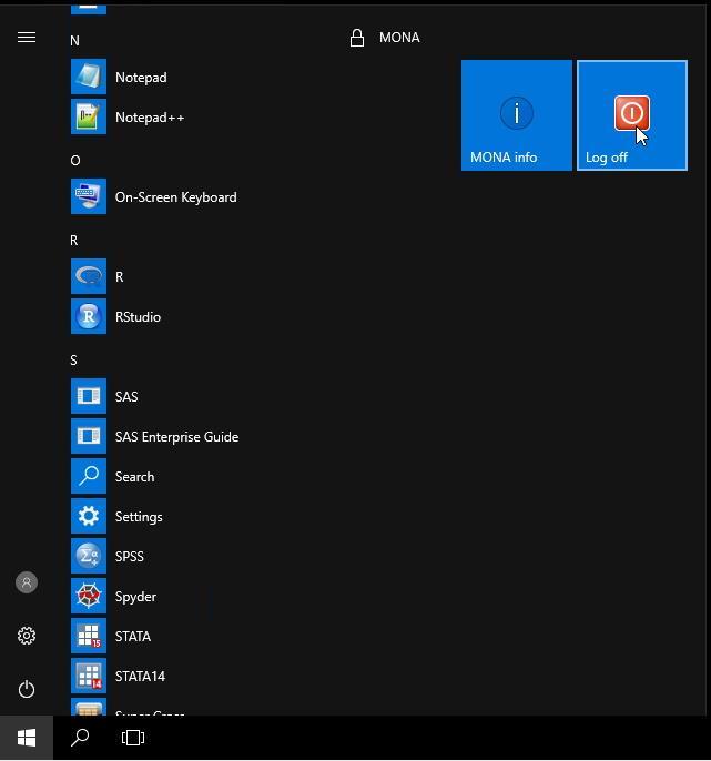 3. Utloggning A Efter avslutat arbete ska MONA-sessionen aktivt avslutas genom utloggning via startmenyn. Genom att aktivt avsluta MONA säkerställs att programvarulicenser frigörs för andra användare.