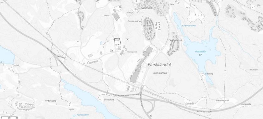 Figur 8 Visar den alternativa lokaliseringen av KLC: n i Värmdö kommun. Lokaliseringen visas med den svarta fyrkanten i mitten av bilden.