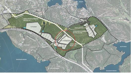 Figur 10 Översikt KLC Kil inringat samt resterande planområde. 6.1.2 Översiktsplan I Värmdö kommuns översiktsplan, antagen 2011-12-14, är Västra Ekedal och Kil utpekat som programområden för arbetsplatser, verksamheter och industri.