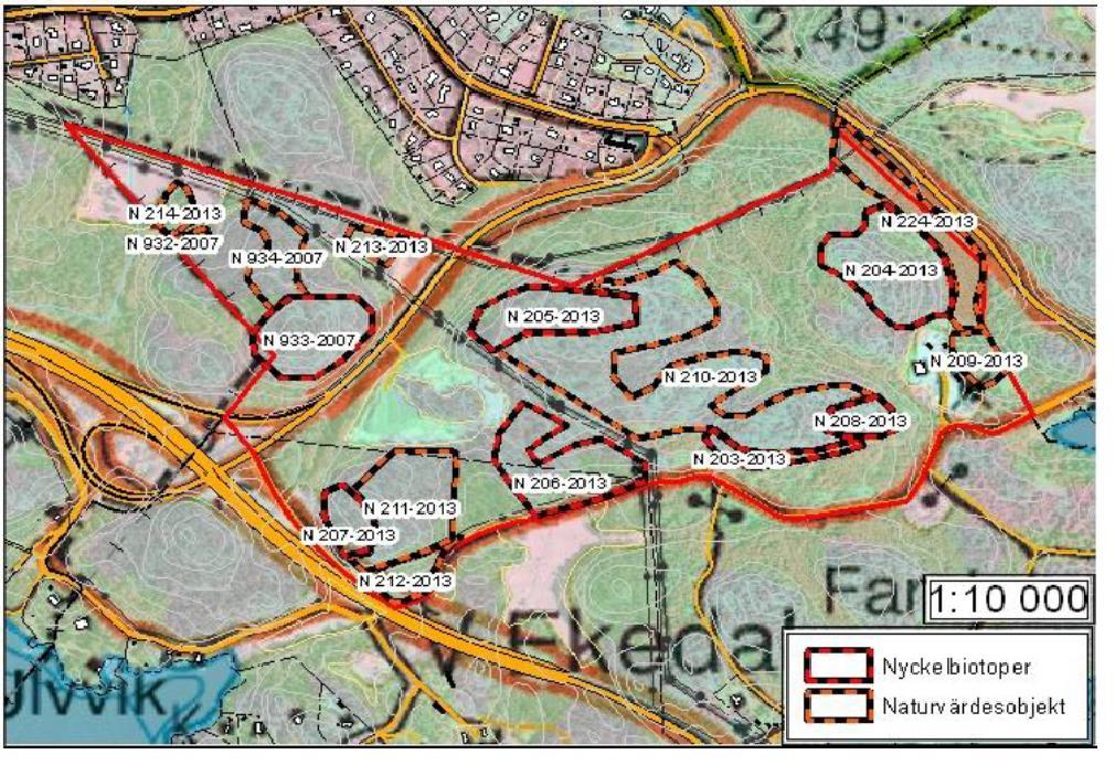 6.2.3 Bedömning Inventeringen gav 7 stycken nyckelbiotoper i skogsmark och delvis på berg och även 9 stycken högre naturvärden 8, se figur 13.