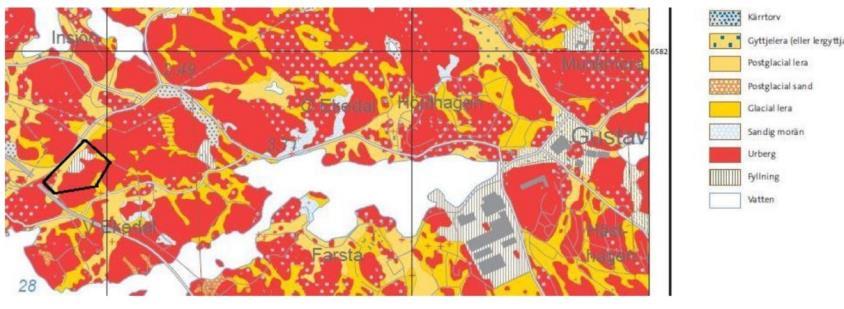 Figur 16 Utdrag från SGU (Sveriges Geologiska Undersökning, 2016). 6.4.2 Geohydrologiska förhållanden En geoteknisk undersökning genomfördes under november/december 2016.