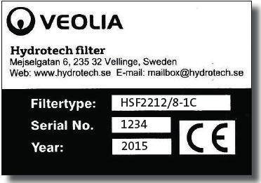 3.4 Identifiering av filtret Filtertyp, serienummer och tillverk ningsår finns angivna på märkskylten (se figur 3,7). Filtertyp och serienummer finns även angivna på framsidan av denna manual.