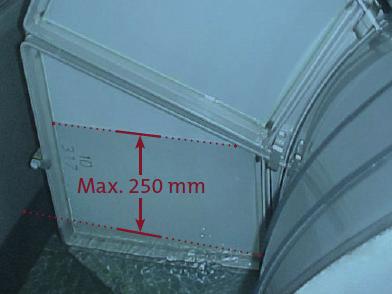 5.2.1 Nivåskillnader Den största tillåtna skillnaden mellan vattennivåerna inuti och utanför trumman är 350 mm vid normal drift (se Figur 5.3). Den rekommenderade nivåskillnaden är 150-250 mm.