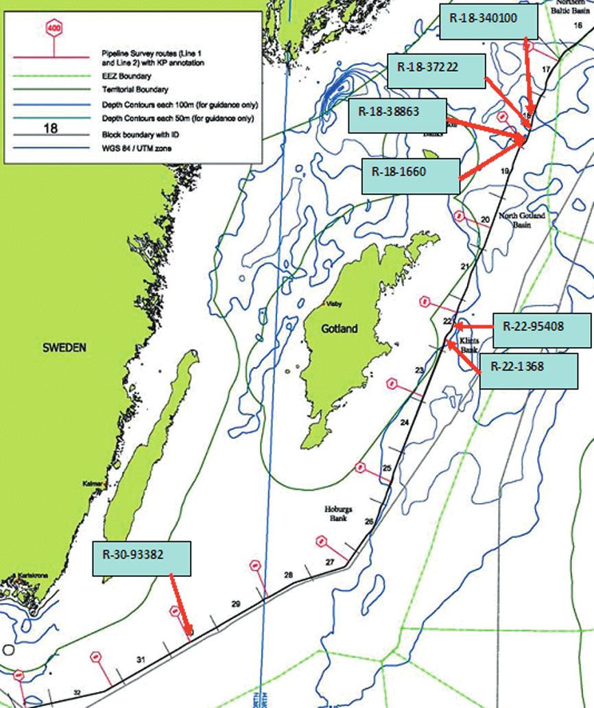 7 Nr 294 Sweden. Northern Baltic. Central Baltic. Southern Baltic. NE and E of Gotland and SE of Öland. Munition clearance prior to the establishment of the Nord Stream pipeline.