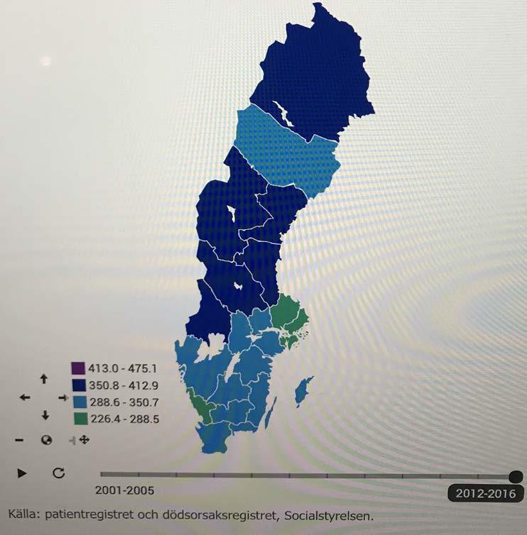 Antal strokeinsjuknanden per 100 000 individer >15 år, fördelat på