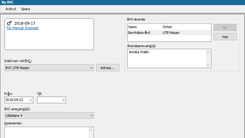3.5. Knyt barnet till BVC och BVC-ansvarig. Klicka på Ny och markera BVC.