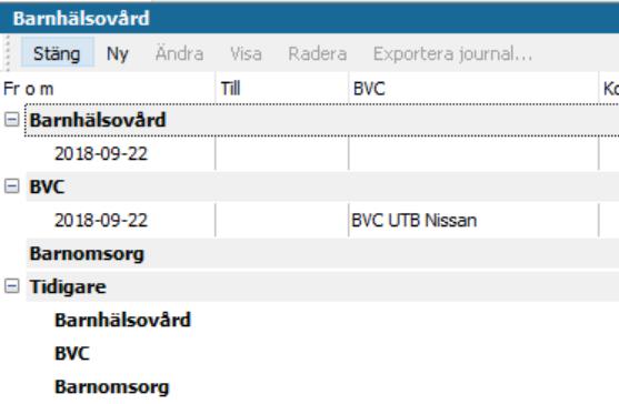 Tidigare vy visas. Kontroller att det står något under Barnhälsovård och BVC. Välj Stäng. 3.6.