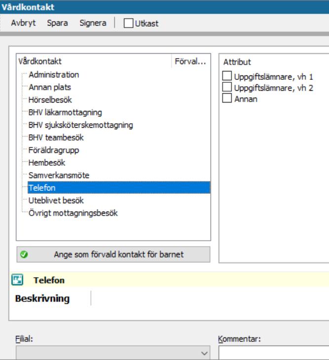 1.2. Registrera Vårdkontakt Vid varje dokumentationstillfälle registreras Vårdkontakt. Markera Telefon. Markera Attribut, dvs vem du haft kontakt med. Med Uppgiftslämnare, vh 1 avses i PMO moder.